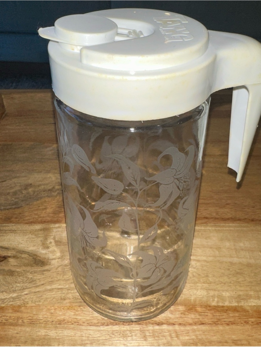 Vintage Glass Tang Pitcher with White Plastic Lid